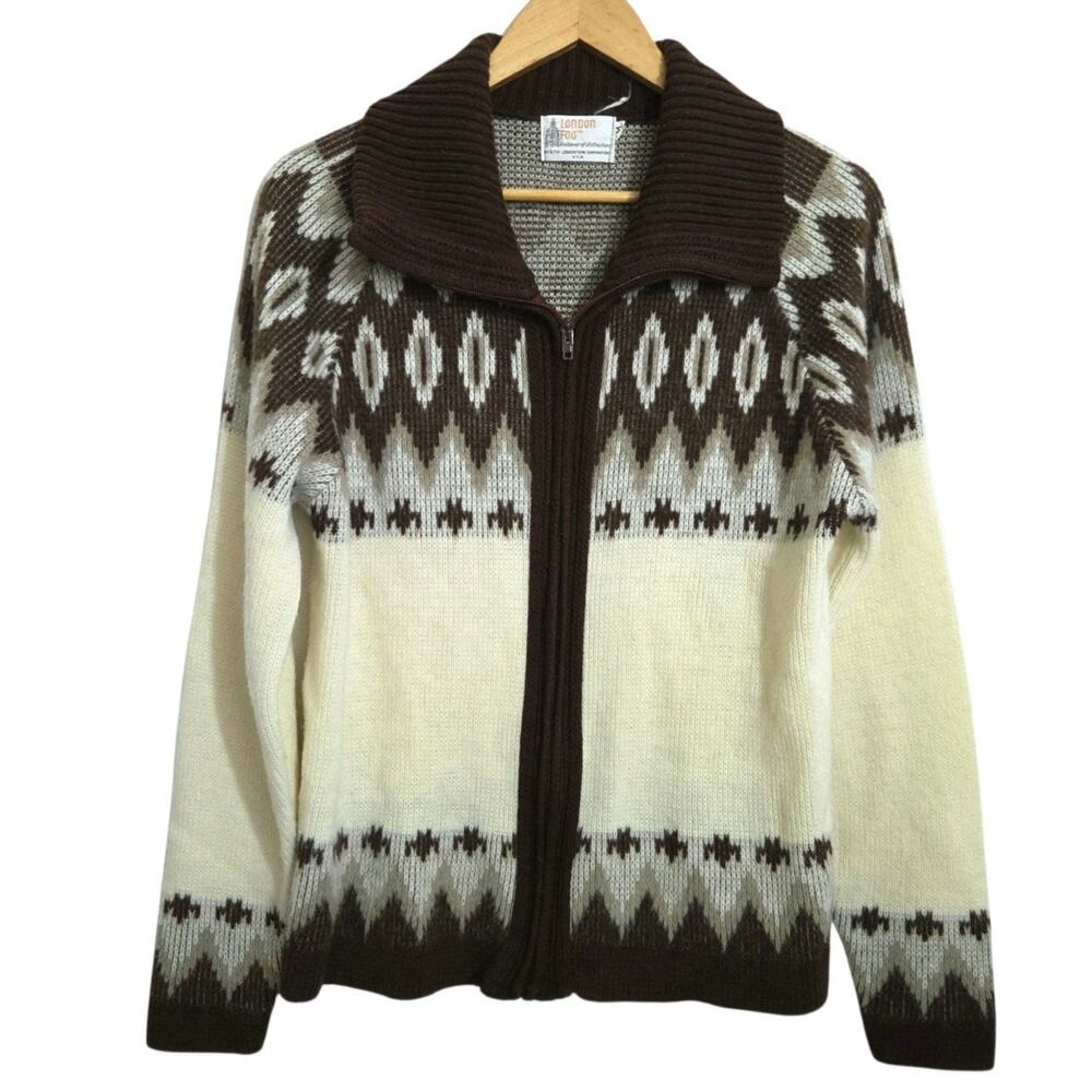 Vintage 80s London Fog Fair Isle Nordic Full Zip Virgin Acrylic Cabin Cardigan M